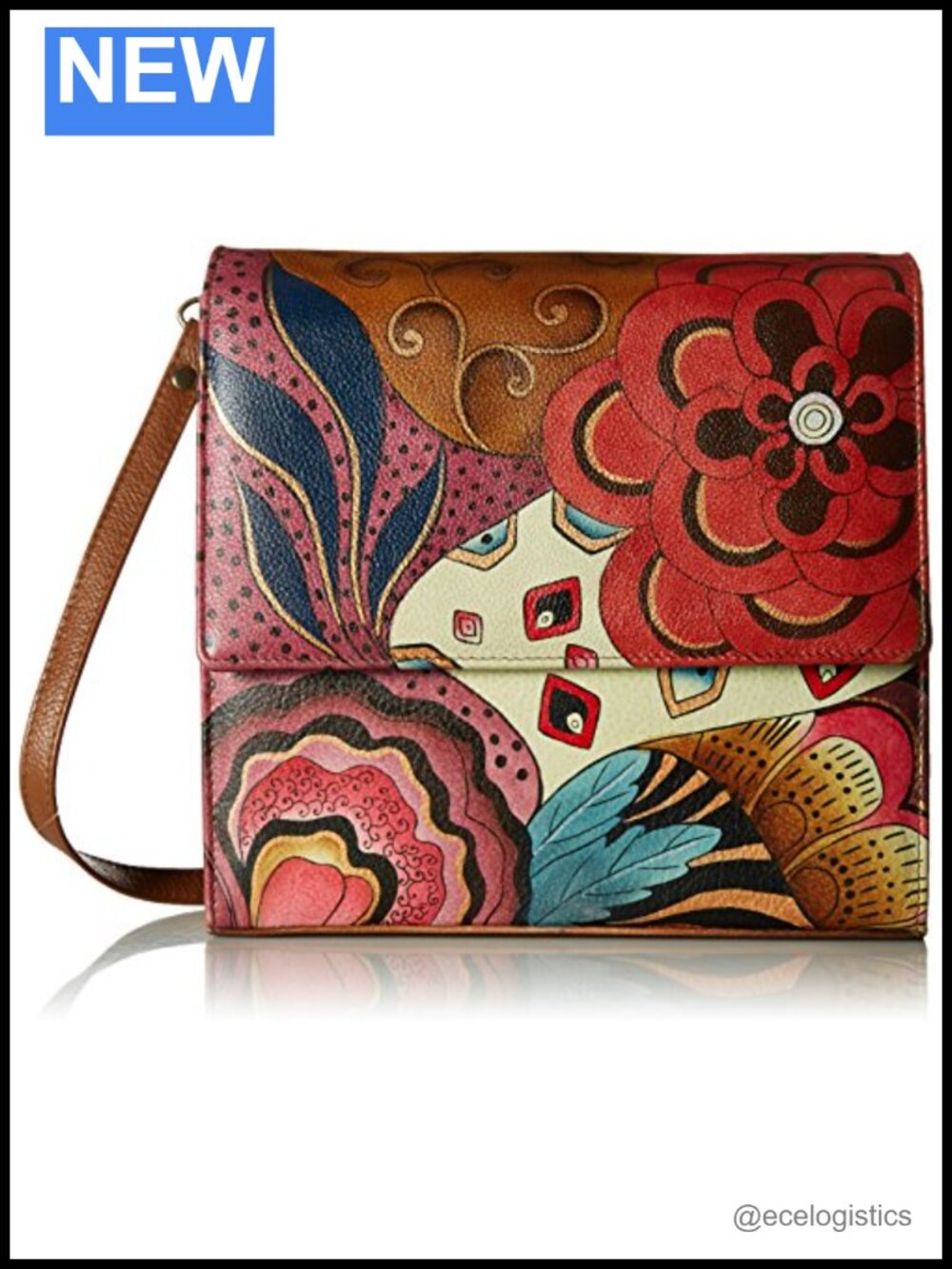Hand Painted Leather Flap Crossbody Bag with Genuine Leather & 5 Pockets